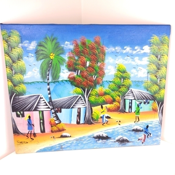 OIL Painting on Canvas from Haiti Colorful Island Vibes Carribean Size 24" X 20" - Picture 1 of 7